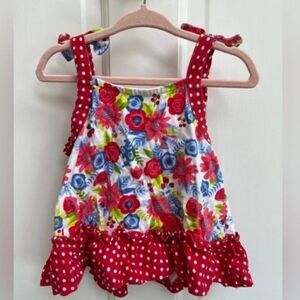 5T Jumping Fences Red, White & Blue Floral Ruffle Top